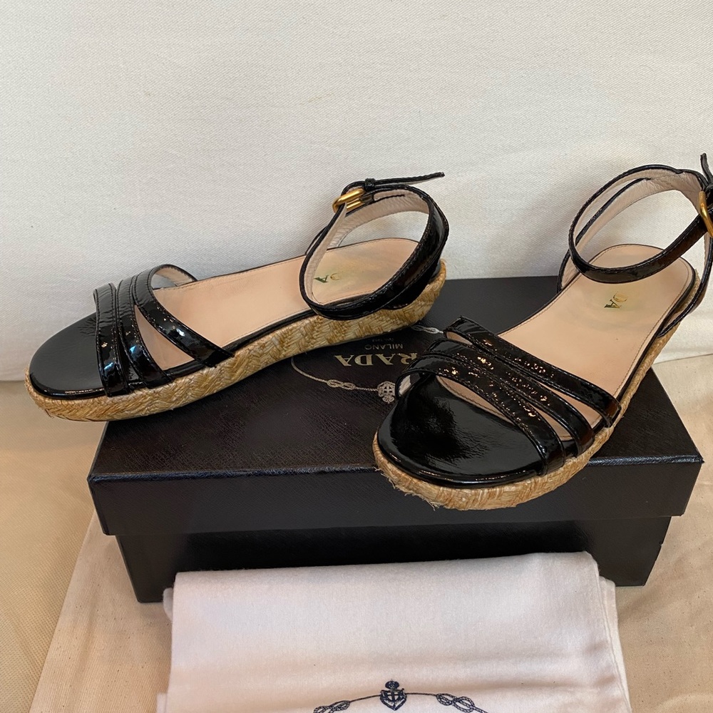 PRADA Black patent leather espadrille wedge sandal size 36
